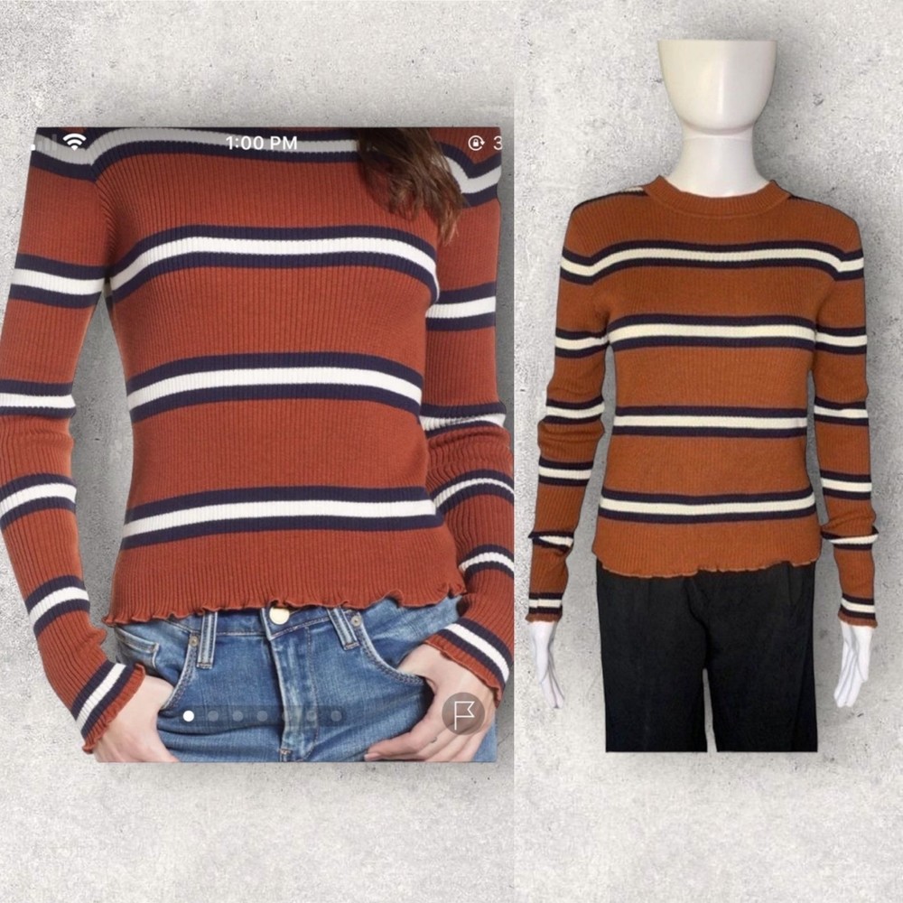 BP Ribbed Lettuce Trim Striped Top Womens Size XS